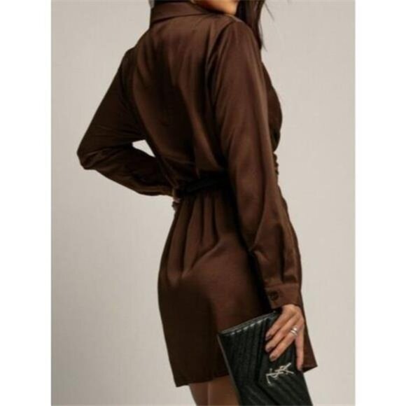 Collared Neck Long Sleeve Satin Dress - Picture 6 of 12